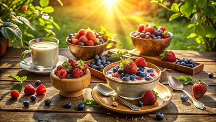 Aerial View of Delicious Breakfast with Fresh Berries and Yogurt Parfait