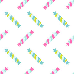 Colorful striped candy pattern on a white background. Seamless vector design for wallpaper, textile, wrapping paper, and greeting cards. Sweet and confectionery theme.