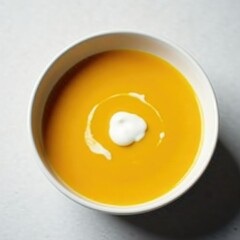 Velvety-smooth butternut squash soup served in a white ceramic bowl with a dollop of cr?me fra?che on top, creamy, smooth, ceramic