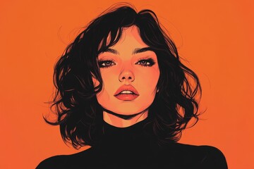 Stylized portrait of a woman with dark curly hair on vibrant orange background