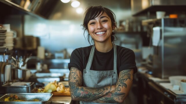 smiling female chef in restaurant kitchen