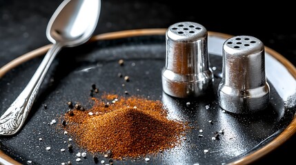 Close-up of a plate with spice powder, salt shakers, and a silver spoon on a dark background