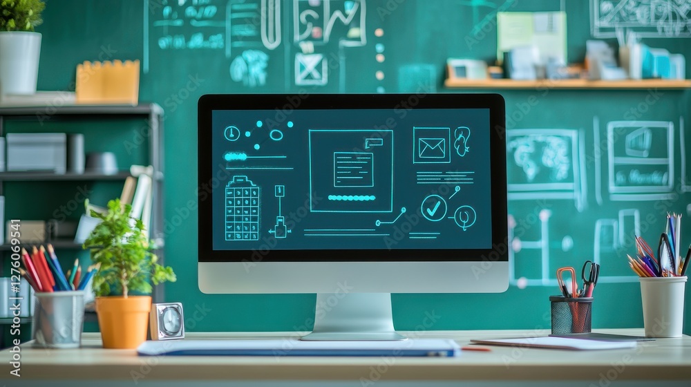 Poster a modern workspace featuring a computer screen displaying tech graphics, surrounded by stationery an