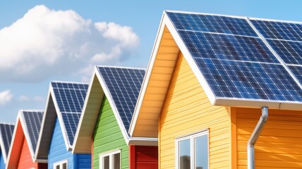 Fototapeta premium Colorful houses with solar panels on rooftops under a clear blue sky, showcasing sustainable energy and vibrant architecture.