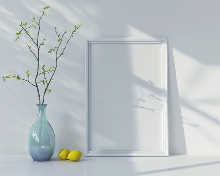 A white picture frame with a blue vase. a sprig of greenery. and two lemons on a white table against a white wall