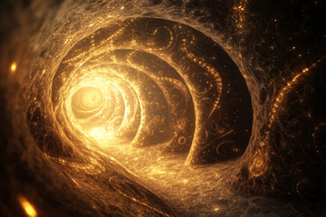 Naklejka premium A cosmic tunnel made of glowing nebulae, swirling fractal patterns, and infinite spirals stretching toward a mysterious glowing light.