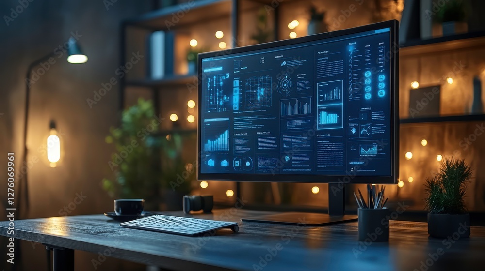 Poster a modern workspace featuring a sleek computer monitor displaying data analytics, with ambient lighti