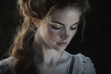 Fototapeta premium Young woman with long hair reflects deeply in thoughtful moment while dressed in soft vintage attire