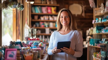 Fototapeta premium smiling shop owner using tablet in her store
