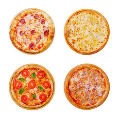 Four varieties of delicious pizza displayed on wooden trays