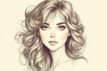 Portrait of a young woman with flowing wavy hair and expressive eyes created with detailed...