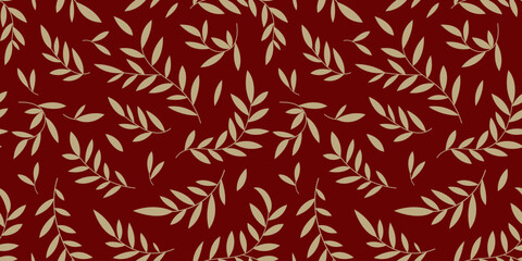 Seamless botanical pattern, abstract nature ornament: leaves silhouettes. Simple floral surface design: hand drawn small foliage, beige branches on a dark red background. 