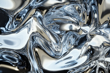 A liquid metal surrealist backdrop with melting chrome surfaces, organic fluid forms, and a hyper-realistic reflective effect.