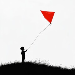 Silhouette of a boy flying a kite.  Childhood memories and simple joys.