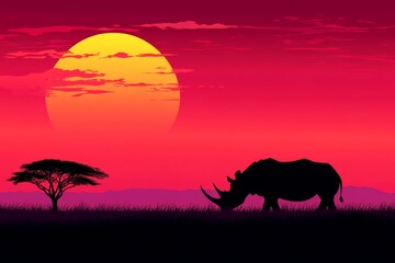 Rhino Sunset Silhouette - Silhouette of a rhino grazing in the African savanna at sunset. A large yellow sun dominates the vibrant red sky