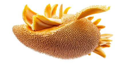 A tropical jackfruit with its unique spiky outer skin, falling mid-air, isolated on a white background.