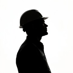 Silhouette of a construction worker wearing a hard hat against white backdrop