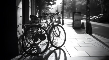 Obraz premium Bicycles Parked on City Sidewalk in Black and White Style