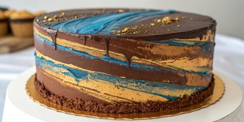 Thick layers of paint in shades of brown and gold are layered with intricate blue strokes creating a visually striking abstract art piece, abstract, blue, layers