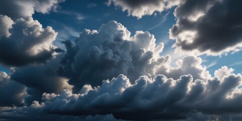 Thick layers of dark clouds create a vast shade in the blue sky, foggy weather, veiled sun, misty atmosphere
