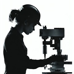 Silhouette of a woman operating industrial machinery with safety helmet on.