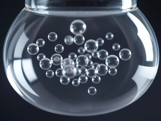 Tiny air-filled orbs hover inside a larger transparent container, giving the impression of something weightless and suspended in mid-air, fluid, translucent