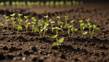 Tiny soybean sprouts in a row on a soil surface , June, agriculture