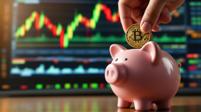 M&atilde;o inserindo uma moeda de Bitcoin em um cofrinho rosa, com gr&aacute;ficos financeiros ao fundo, representando economia, investimento e poupan&ccedil;a em criptomoedas.