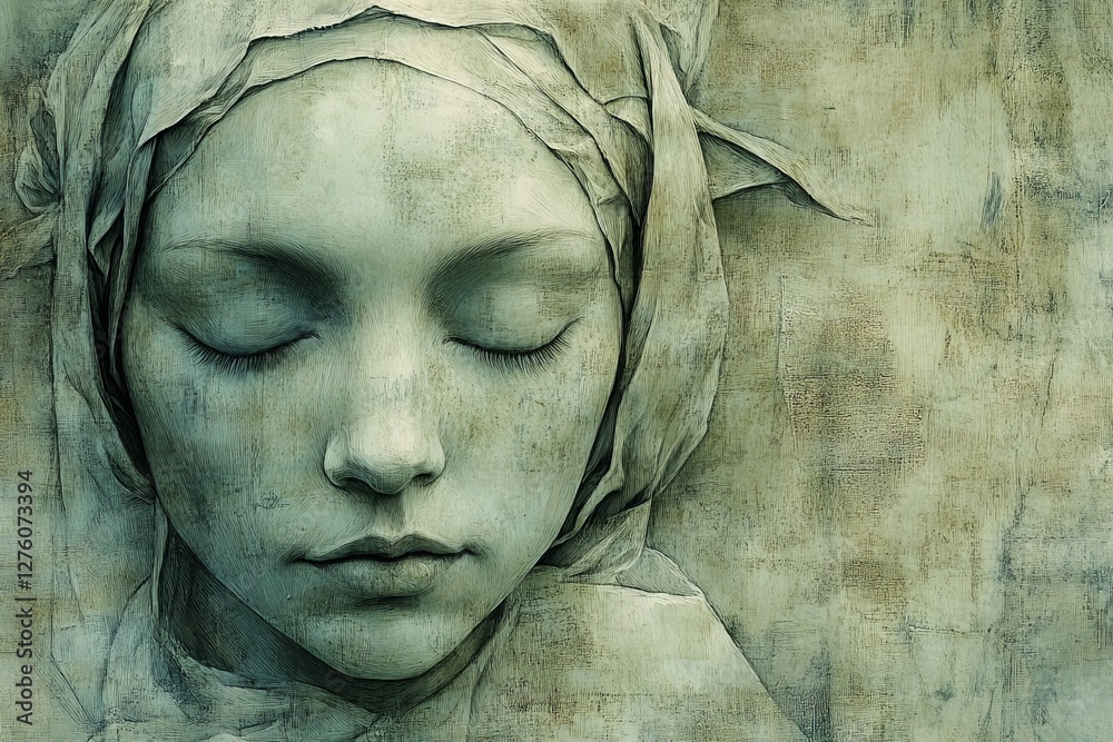Poster emotional portrait of a serene figure with closed eyes and a textured background in cool tones
