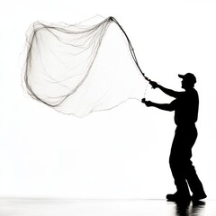 Silhouette of a person casting a fishing net in a wide arc against white.