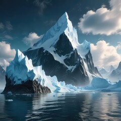 Towering iceberg with crystalline ice peaks rising above the murky blue waters as a wispy veil of clouds drifts lazily overhead , towering, vast, peak