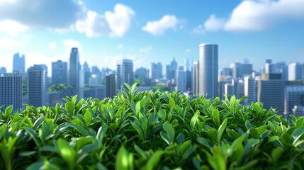 A vibrant city skyline is visible behind a lush foreground of green plants, showcasing urban life harmonizing with nature under a clear blue sky.