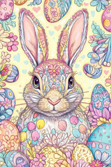 A detailed, hand-drawn Easter Bunny mandala filled with intricate floral and egg-shaped patterns in soft pastel colors.