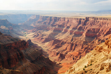 A dramatic desert canyon landscape with intricate, weathered rock formations, deep red and orange hues, and soft shadows stretching across the vast, arid terrain.