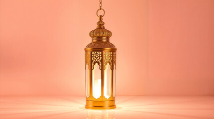 festive Ramadan holiday composition web banner golden ornamental Moroccan lantern, Ramadan Mubarak.