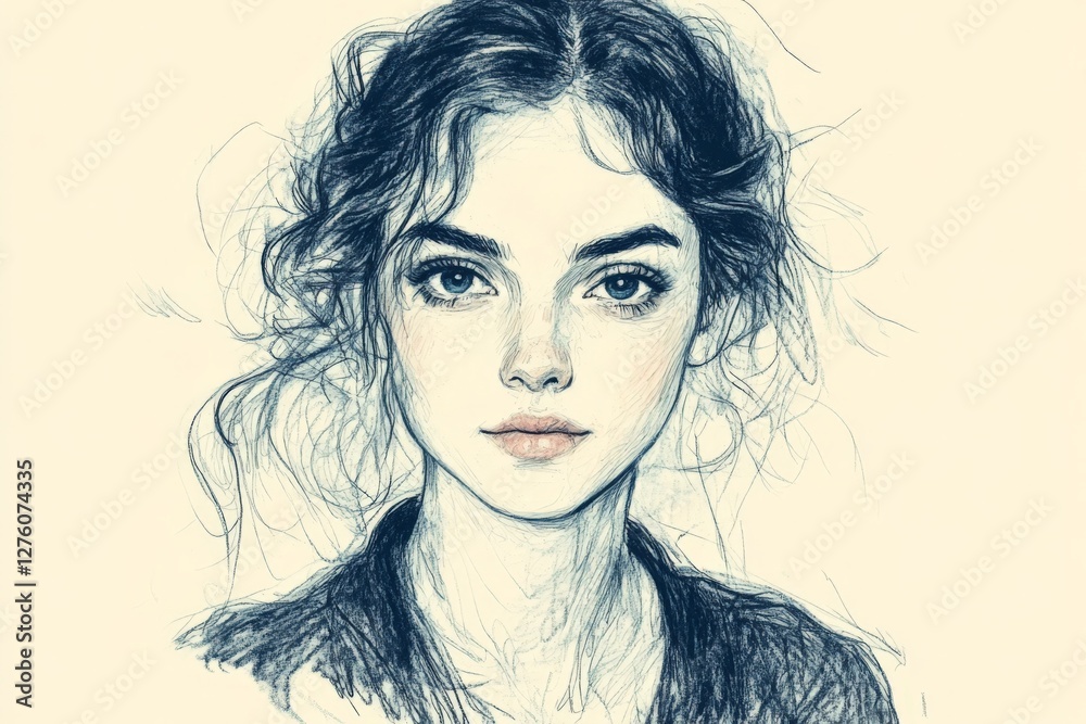 Poster artistic portrait of a young woman with expressive features and soft curls in a delicate sketch styl