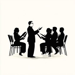 Choir rehearsal with conductor, silhouetted against a stark background.