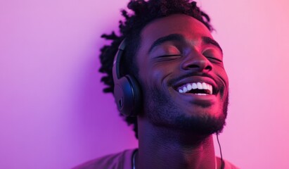 Modern and cool man listening music on headphones with smiley and happy attitude on trendy color background