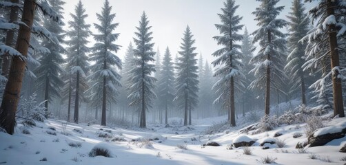 Tranquil snowfall over a scenic winter forest landscape, forest, season