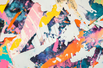 Fototapeta premium A chaotic risograph zine-inspired abstract collage with overlapping torn paper edges, glitch-like ink textures, and vibrant, fragmented text pieces scattered throughout.