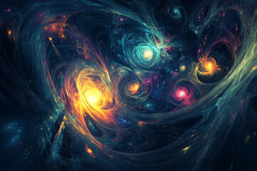 Obraz premium A cosmic surrealist background with swirling nebulas, glowing orbs, and celestial fractals forming hypnotic abstract patterns.