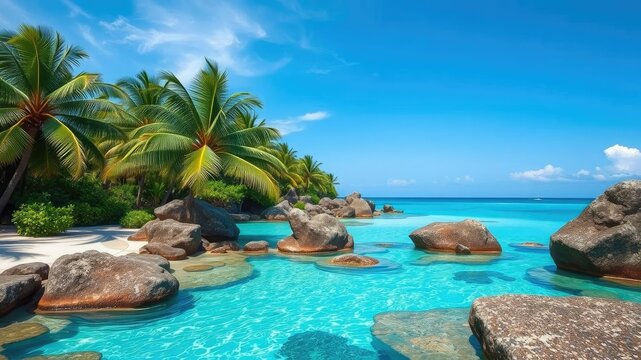 Tropical paradise pool with palm tree rocks in turquoise water, natural scenery, French Polynesia, sunset beach