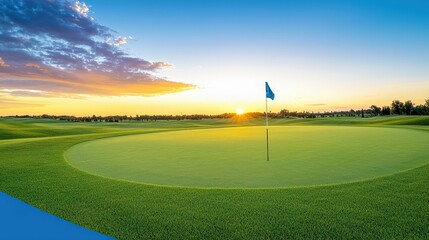 A serene golf course at sunset, featuring a green with a flag, surrounded by lush grass and a vibrant blue sky.