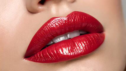Fototapeta premium close up view of a human lips highlighting details with pink red lipstick gloss