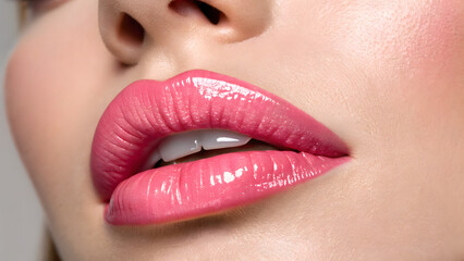 Fototapeta premium close up view of a human lips highlighting details with pink red lipstick gloss