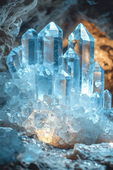 stunning crystal formation with clear, sharp points surrounded by shimmering ice. light enhances beauty of scene