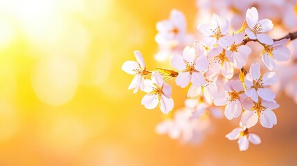 Obraz premium A soft-focus image of delicate cherry blossoms illuminated by warm sunlight, creating a serene and tranquil atmosphere.