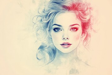 Beautiful portrait of a young woman with striking features and artistic shading in soft pastel colors