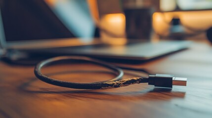 A damaged USB cable with frayed ends on a wooden desk with a laptop. Featuring visible damage and focus on repair