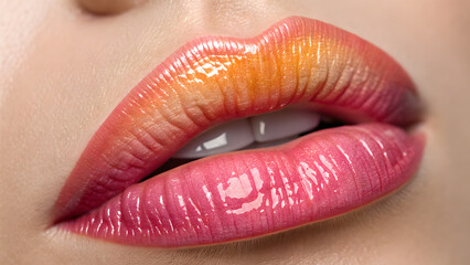 close up view of a human lips highlighting details with pink red lipstick gloss
